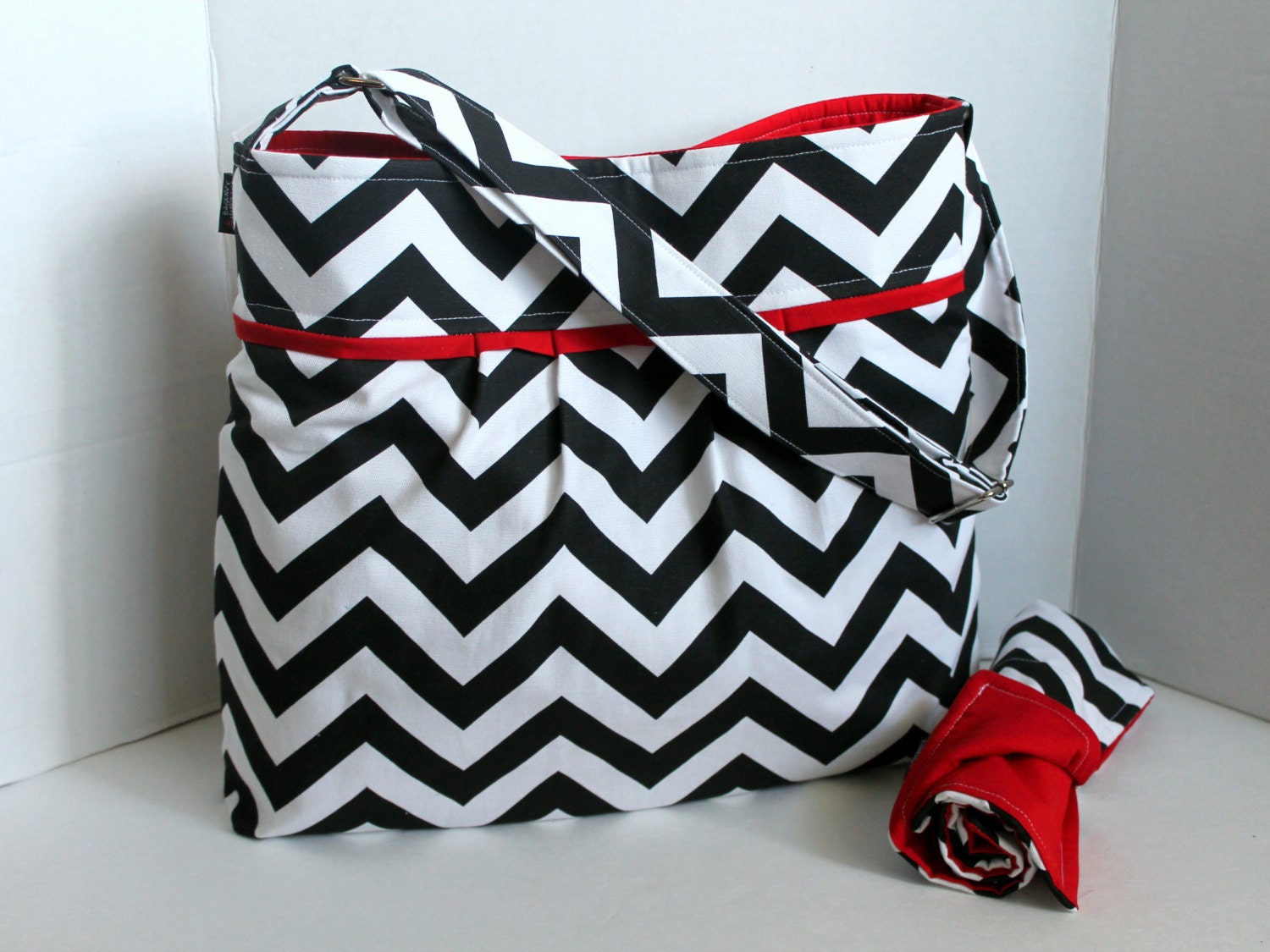 Monterey Chevron Diaper Bag Set - Large - In Black Chevron and Red - Adjustable Strap and Elastic Pockets