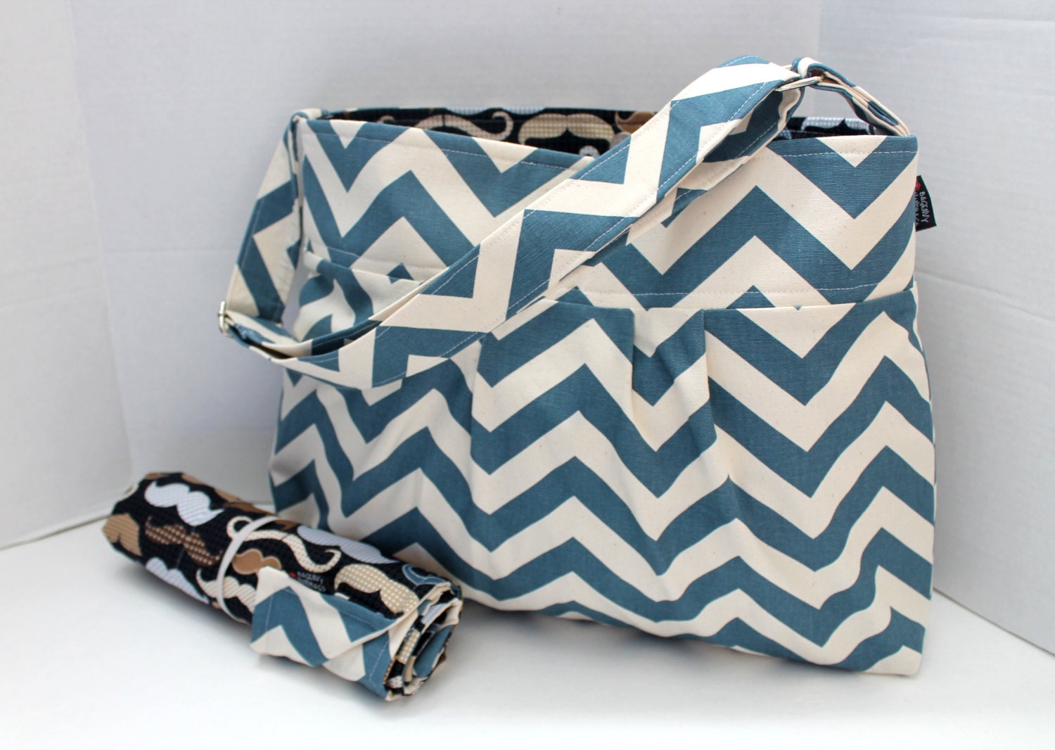 Monterey Chevron Diaper Bag Set - Medium - Blue Chevron and Mustache Maddness