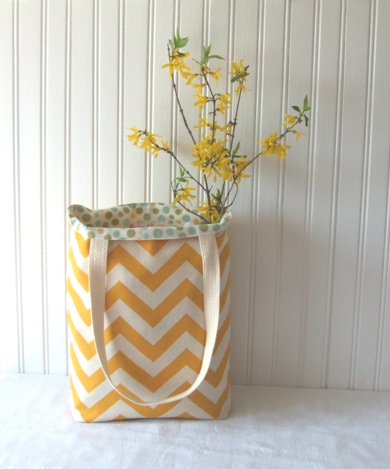 Chevron Tote Bag in Sunny Yellow and Natural Beige - Spring and Summer Reversible Book Bag Hand Bag