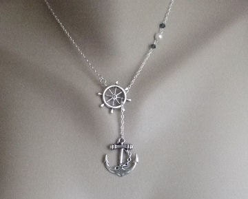Ships Wheel and Anchor Lariat Necklace / Silver Pendants / Nautical Jewelry / Sailor Jewelry / Navy Girlfriend Jewelry