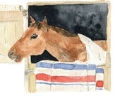 Horse in his stall, original watercolor painting, ranch, farm, Equestrian, for men, nursery decor, country, animal art