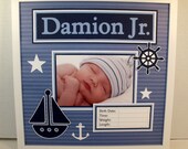Baby Boy Nautical Sailing Themed Photo Keepsake  - Blue and White Sail Boat - Personalized 12x12 Frame Included