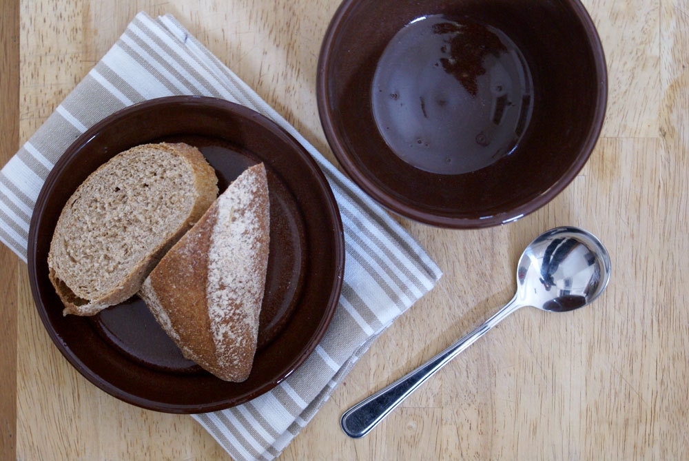 SECONDS SALE - Sandwich plate and soup bowl set glazed in chocolate brown