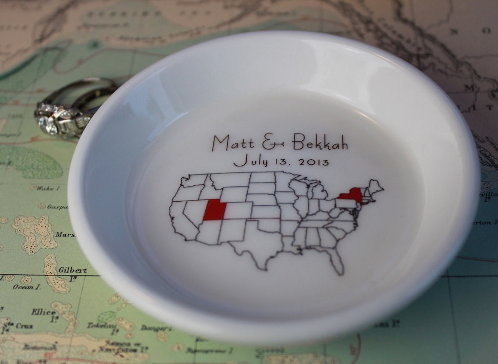 CUSTOM Ceramic Ring Holder - Your Names and Wedding Date -  and your state