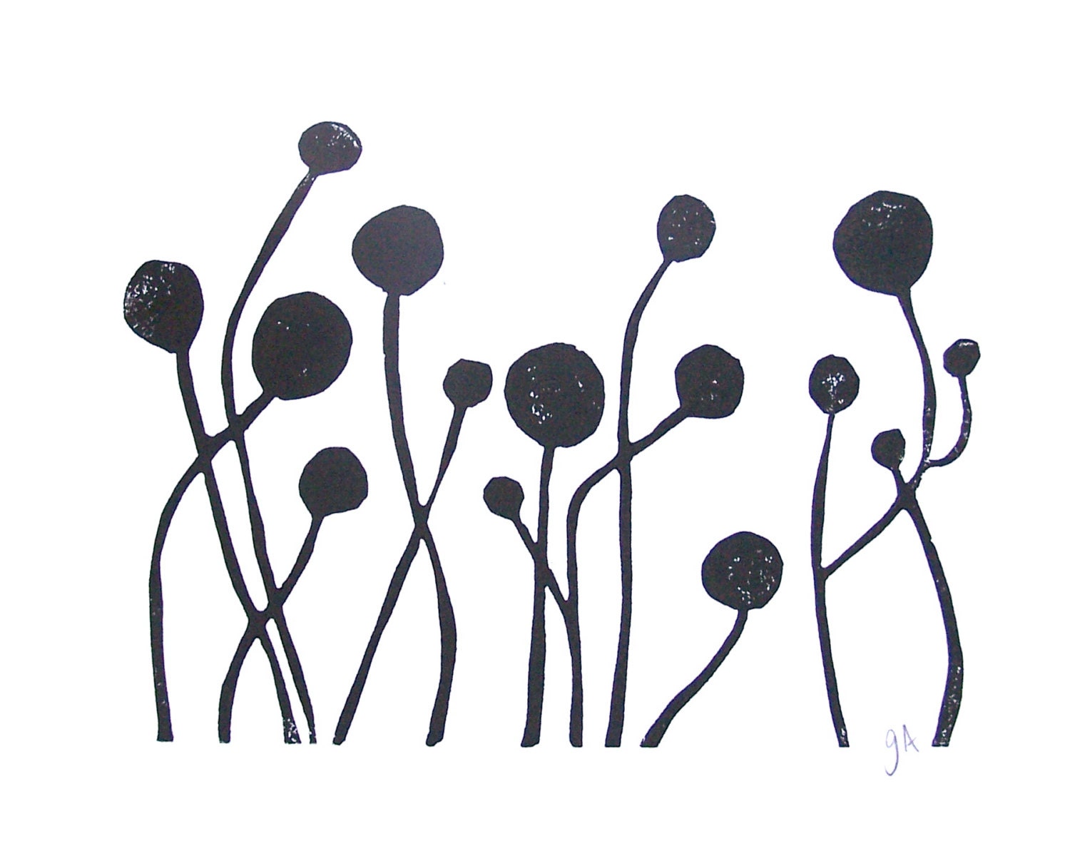 LINOCUT PRINT - Black flowers -  block print letterpress poster 8x10