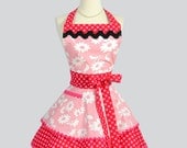 Ruffled Retro Apron .  Sexy Womens Apron in Pink Dots and Stripes Handmade Full Kitchen Apron