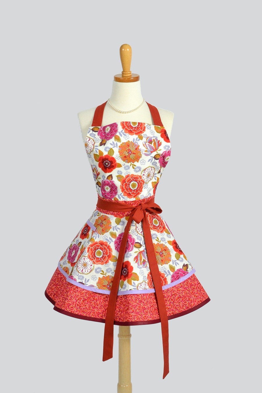 Ruffled Retro Apron - Sexy Womens Apron in Purple Orange Floral Cute Handmade Full Kitchen Apron