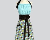 Cute Kitsch Retro Apron - Handmade Full Womens Apron in Teal and Mocha Brown Polka Dots
