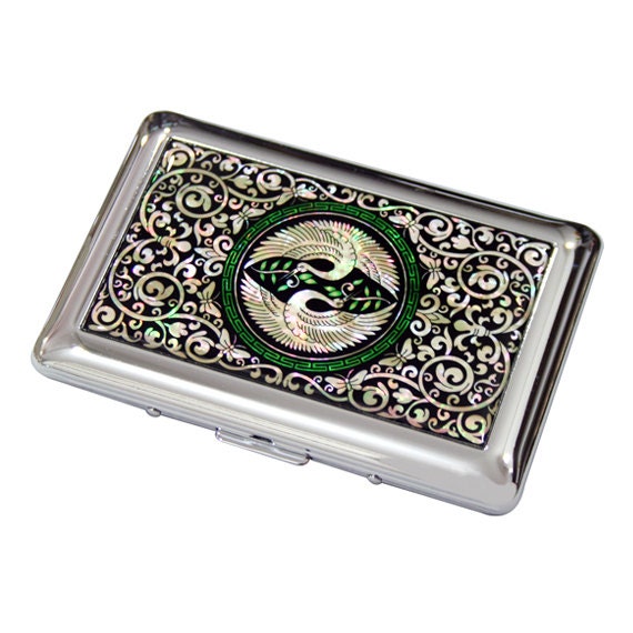 Mother of Pearl Bird Design Metal Cigarette Tobacco Case Holder