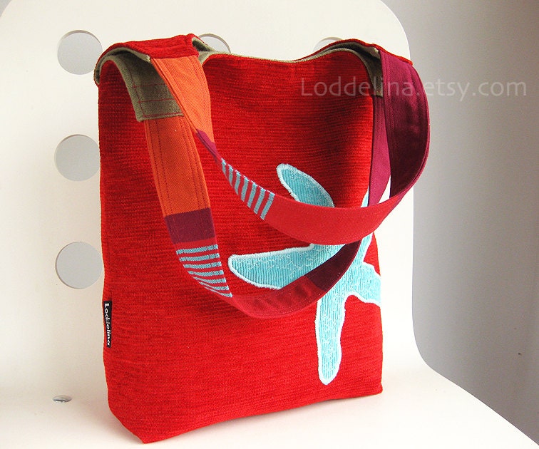 Hobo tote in deep cherry red chenille with robin's egg blue starfish applique - PUPA