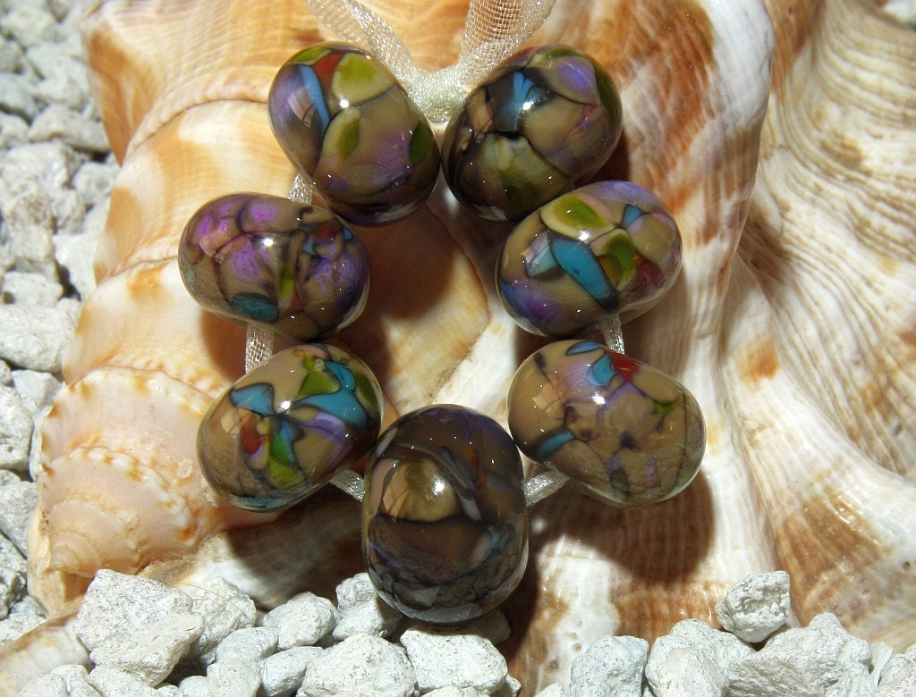 Handmade Lampwork Bead Set (7)  glass beads brown soft green turquoise URBAN ORGANIC