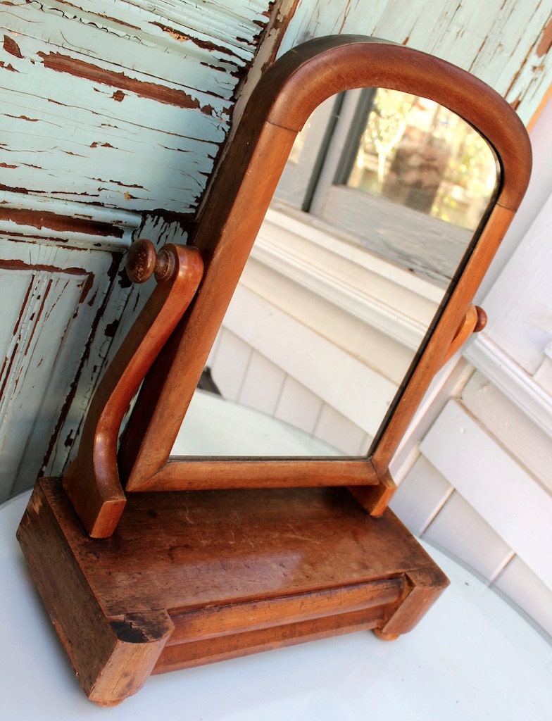 Vintage Dresser Mirror - Wood - Swivels - Drawer for Jewelry
