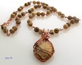 Brown Picture Jasper Cabochon Wrapped in Copper Wire on a Handcrafted Picture Jasper Beaded and Copper Chain.
