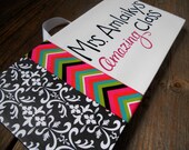 SALE Teacher's room sign, 6x12 stretched canvas, black and white damask and bright chevron