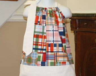 madras Pillowcase dress Michael Miller red, white, blue, orange 3 mos.  Thru  4T  ..... Blake and Bailey