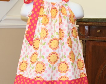 dot flower Pillowcase dress for toddler baby girls pink, orange, green, yellow, white,  polka dot, toddler dress 3 to 24 mo 2t, 3t, 4T