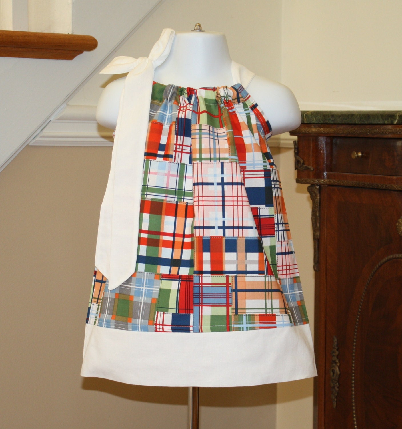 madras Pillowcase dress Michael Miller red, white, blue, orange 3 mos. Thru 4T ..... Blake and Bailey