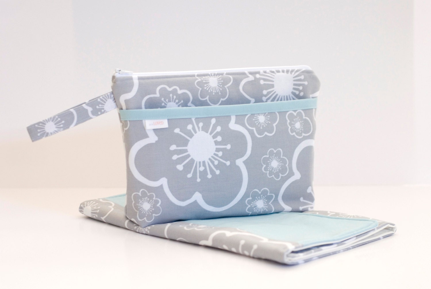 Gray Floral & Light Blue Diaper Clutch (with matching changing pad)