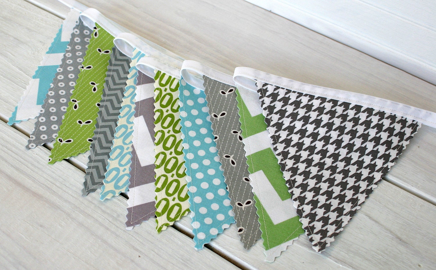 Bunting Fabric Banner Fabric Flags  -  Aqua Blue, Gray and Green Chevron - Ready to Ship