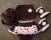 COWGIRL cowboy baby Hat Vest Skirt diaper cover Boots, brown pink Newborn to 6 months PHOTO PROP