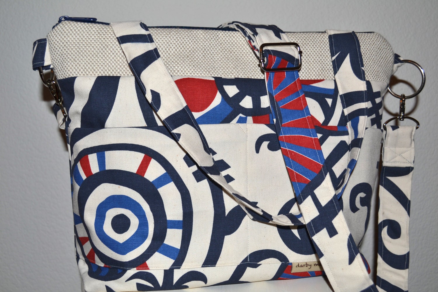 Camera bag made in the USA, Red - White - Blue, upholstery linen, Cool Photography gear by Darby Mack Designs