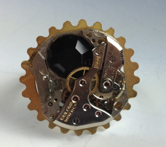 Steampunk, Valentine, Lovers, Unisex, Watch Mechanism Ring, with Vintage Jet Black Swarovski Crystal, Brass Gear, Adjustable-2109RD
