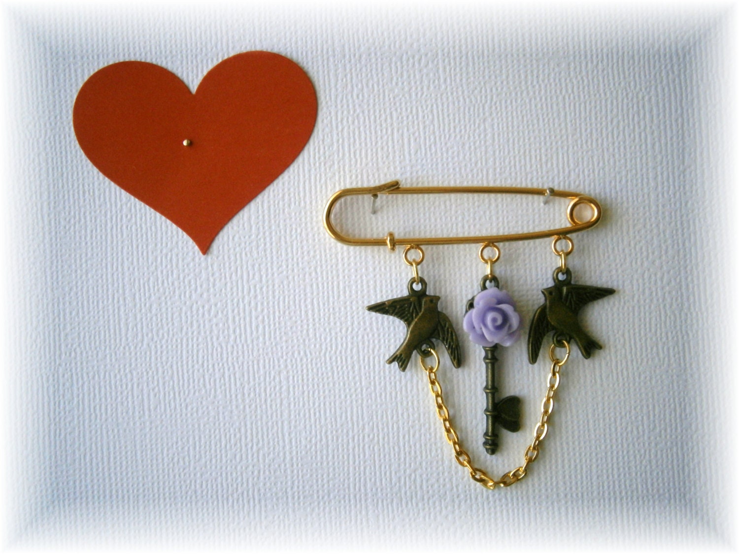 Kilt Pin Brooch,Tattoo : Version 3, Swallows, Purple Rose, Ornate Key, OOAK, made with love by maddabling