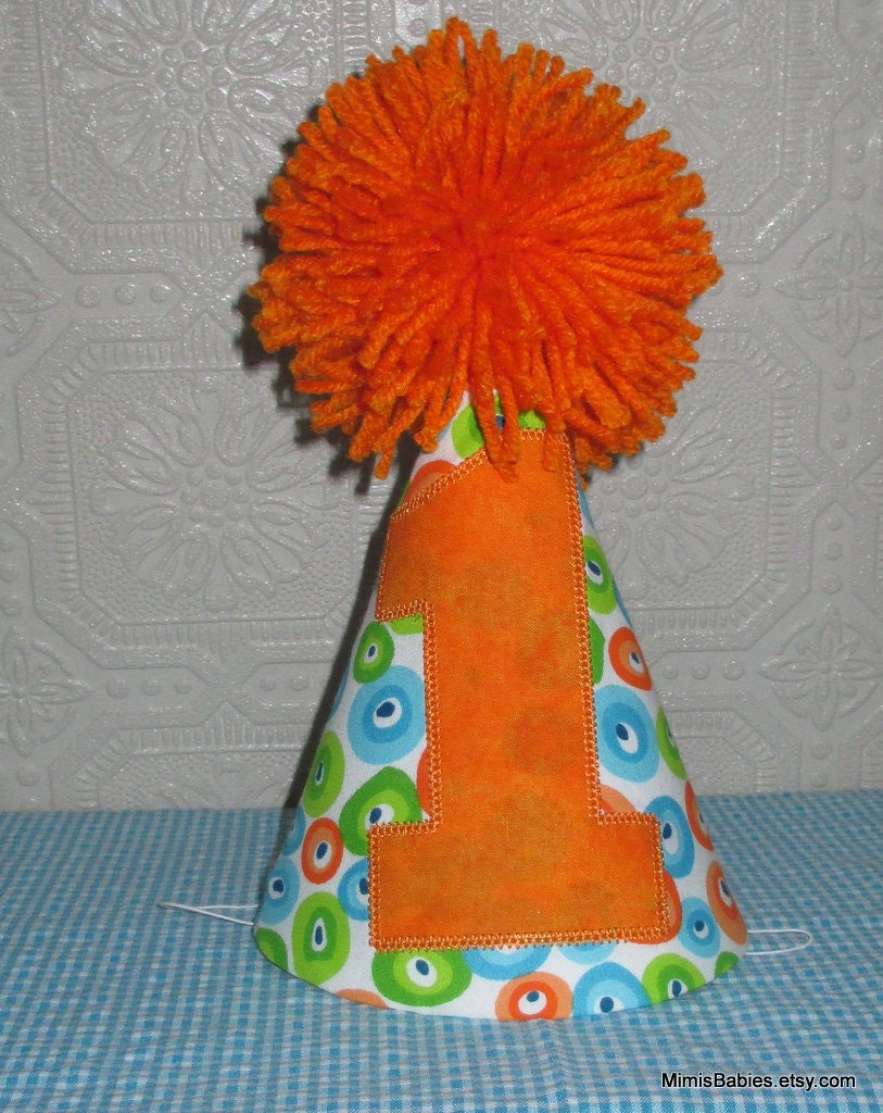 Birthday Hat Orange Aqua/Blue Lime With Extra Large Hand tied Pom Pom   1st birthday Photo Prop