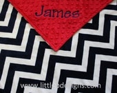 Personalized Minky Blanket - Navy and Ivory Chevron Minky with Red Minky Dot - Baby Blanket