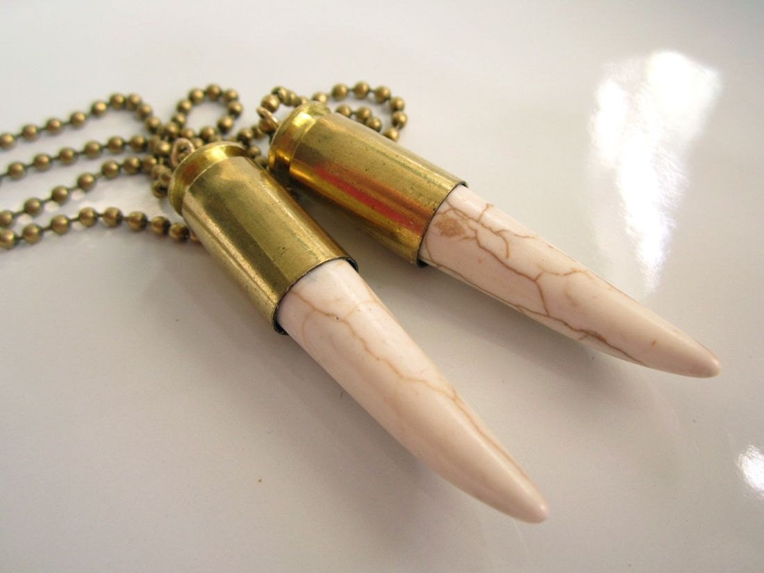 White Stone Talon & Bullet Casing Necklace - Handmade Bullet Jewelry Pendant - Brass with White Stone