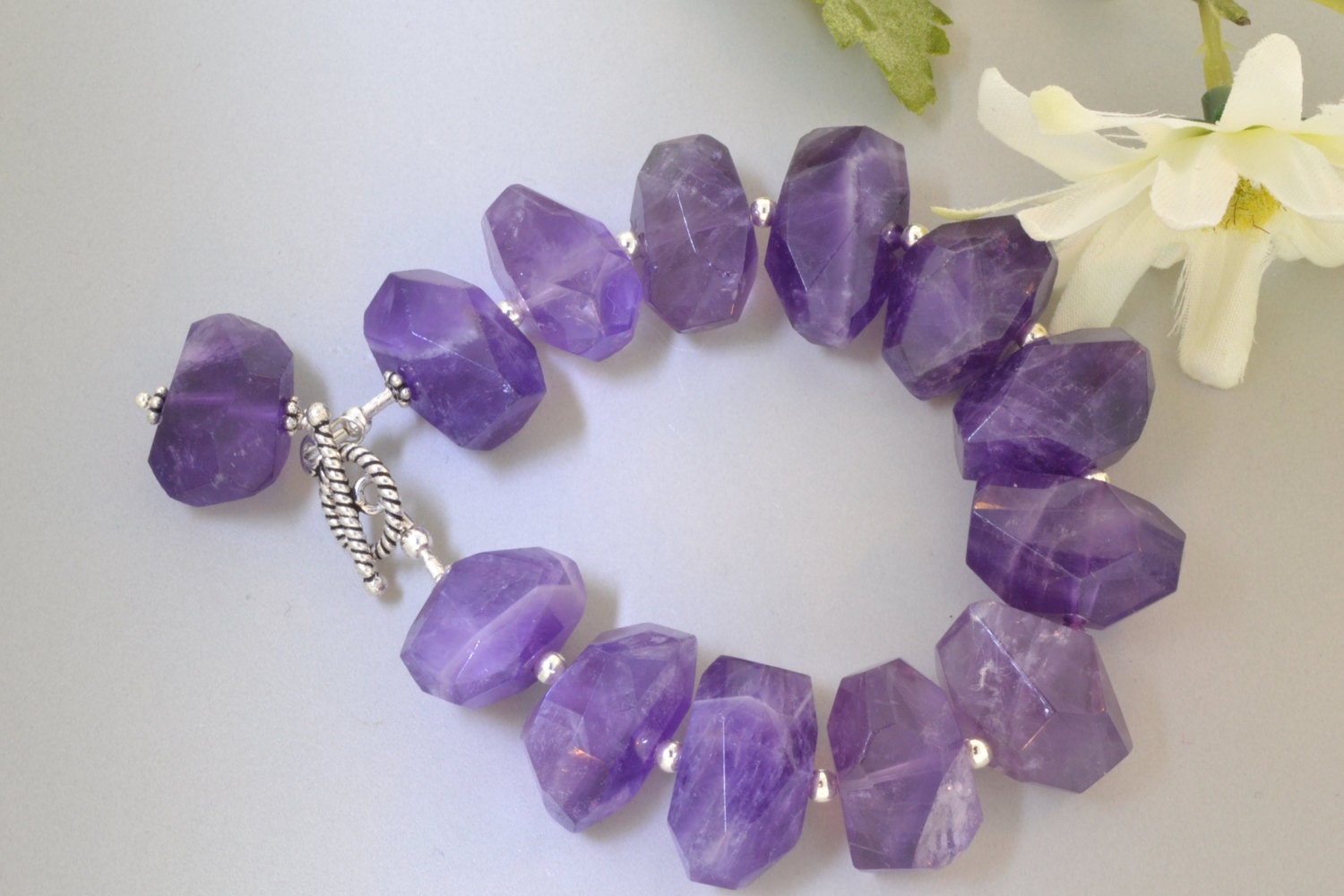 Amethyst Bracelet Large Gemstone Bali Silver Toggle Clasp February Birthstone