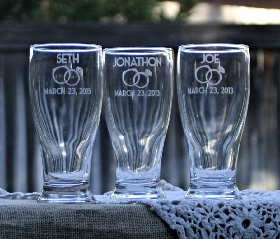 Custom Wedding Toasting Glasses, Etched Glass, Pilsner Glasses with Groomsmen Names & Your Wedding Date, home brewing, homebrew, beer