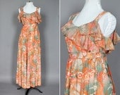 Vintage Maxi Dress 70s 1970s Summer Sun Dress Orange and Green Ruffle Bust Floral Medium