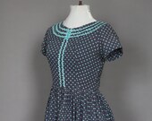 Vintage 60s Dress 1960s Summer Cotton Day Dress Black with Aqua and Purple Print and Rick Rack Detail Small