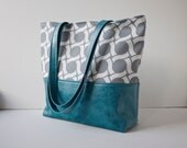 Tote Bag/Shoulder Bag in Charcoal Grey Circles Canvas with Teal Blue Faux Leather - ready to ship