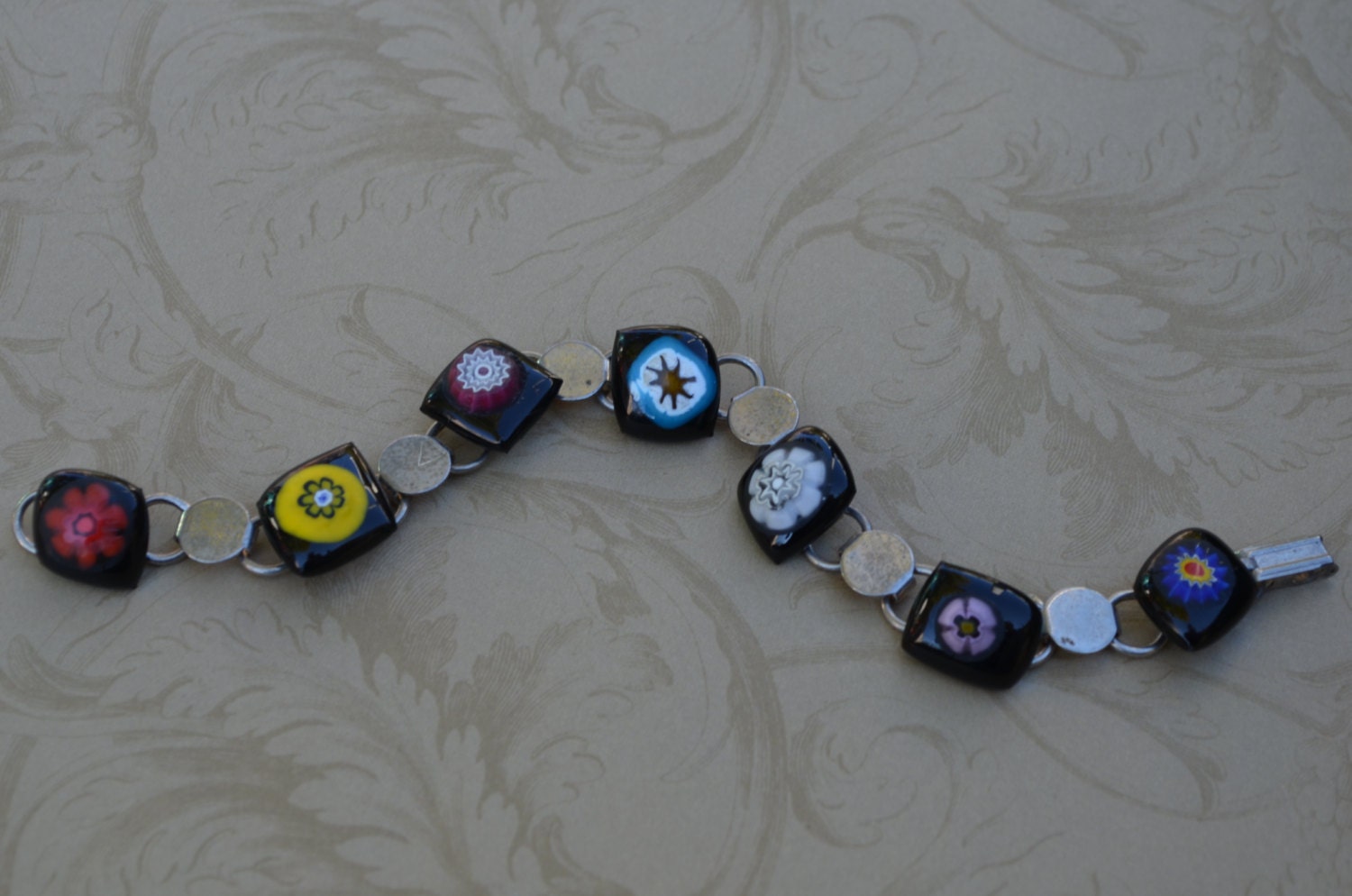 Fused Glass Bracelet, Assorted Millefiori on Black Fused Glass , SRAJD