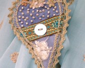 Blue Heart - OOAK very romantic fabric brooch heart shape crochet mixed media fibre jewelry spring summer pale blue