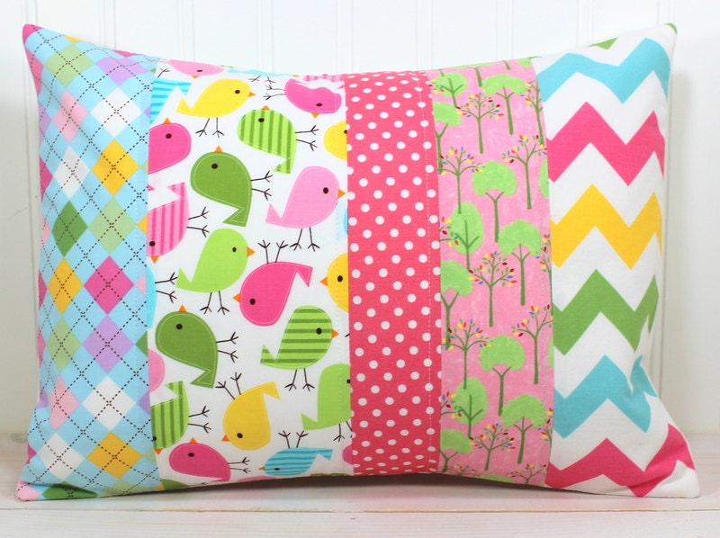 Nursery Pillow Cover - Nursery Decor - Pink Chevron - 12 x 16 Inches - Whimsical Birds