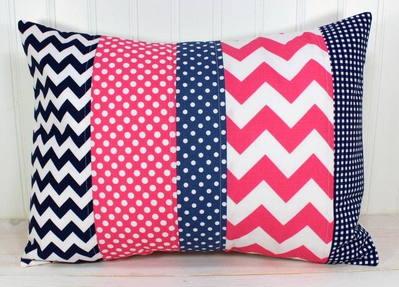 Pillow Cover - Chevron Pillow Cover - Navy Blue Pink Chevron - 12 x 16 Inches