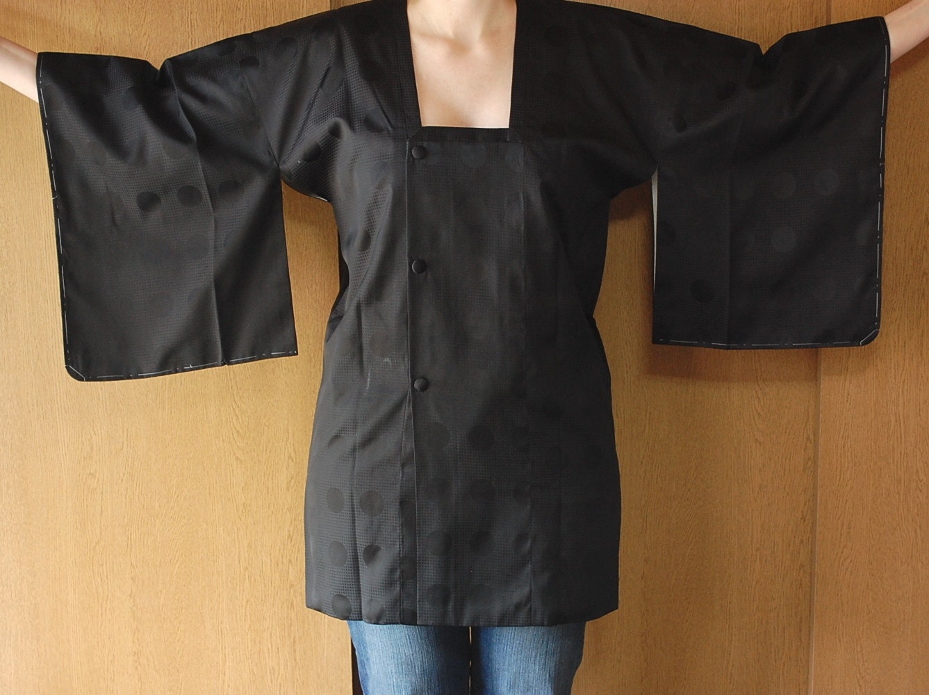 Black Michiyuki Kimono Blouse With Dot Pattern
