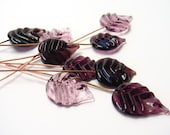 Handmade lampwork glass head pins  -  Plum leaves  -  9 leaf headpins, deep purple leaves, grape colour