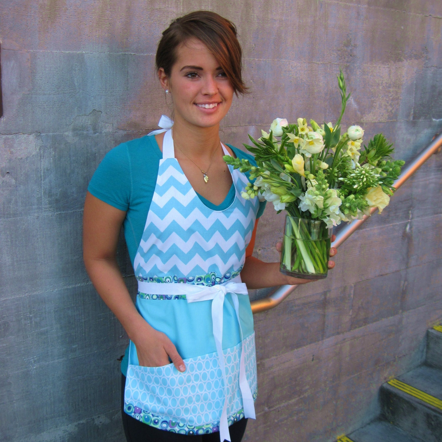 Aqua Full Utility Apron - New Item, Ode to Aquamarine Modern Chevron Apron for Birthday Gift, Hostess, Teacher