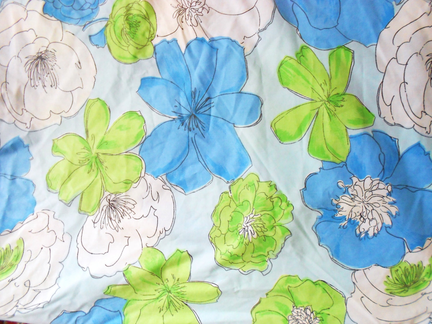 Vintage Fitted Bed Sheet  Twin  Size  Retro Modern Flower Power Print Blue Turquoise Aqua Green White
