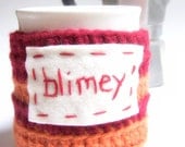 Blimey funny coffee mug cozy handmade cover red orange england british geekery kitchen