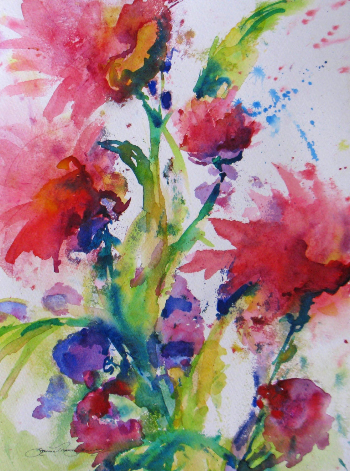 abstract floral garden original watercolor landscape painting flowers contemporary modern 16 x 20 frame ready art