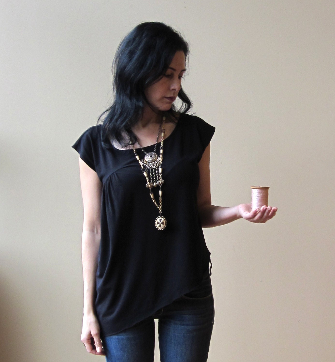 Medium, Black Top with Asymmetrical Side Drape, bamboo jersey, eco fashion, modern