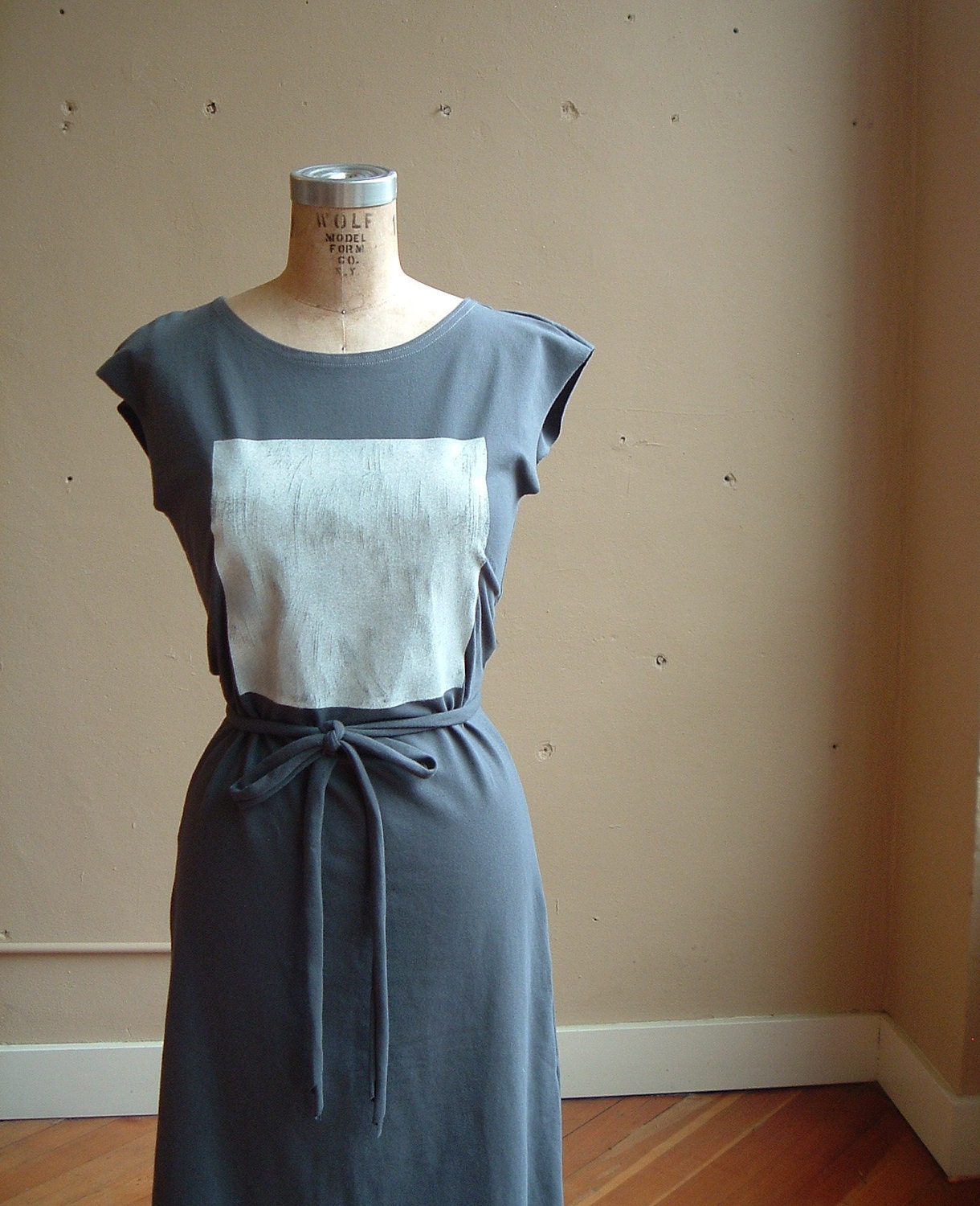 Size Extra Small- Jersey Dress Grey Cotton with white square, modern minimalist