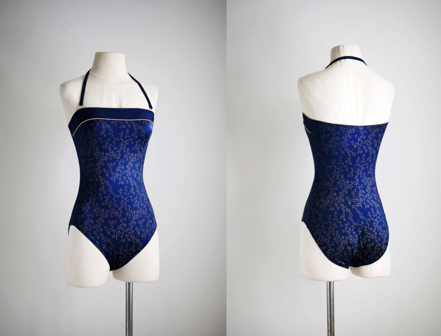 70s swimsuit / 1970s navy and gold  / Night Dip swimsuit