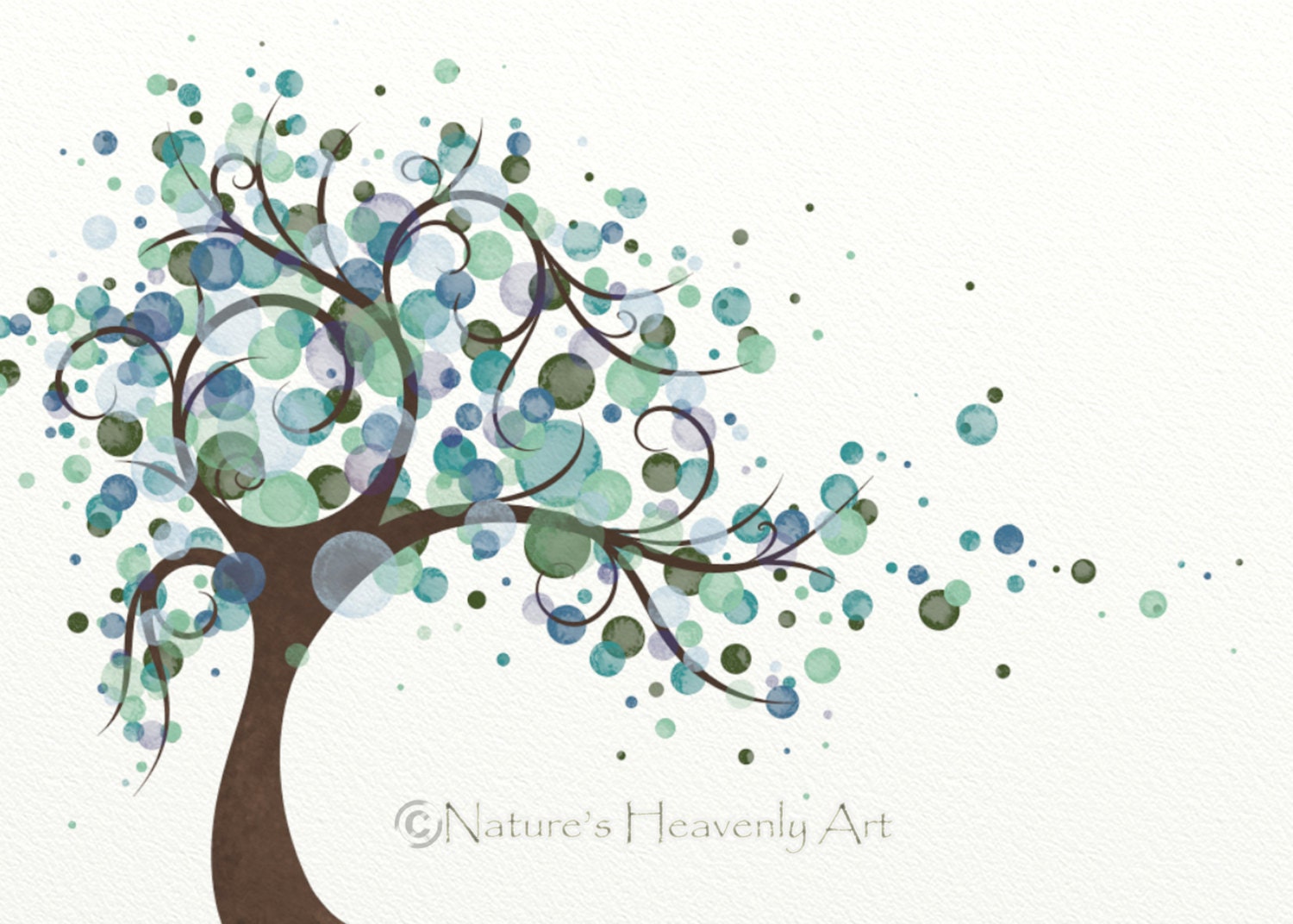 Blue Green Polka Dot Tree Art Print 5 x 7, Wind Blowing Watercolor Tree Print, Nature Inspired Wall Decor (60)