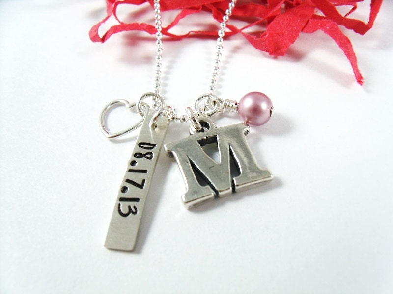 SALE -Initial Letter and Date Charm Necklace - Hand Stamped Sterling Silver - Letter Charm Monogram - Wedding Anniversary Gift